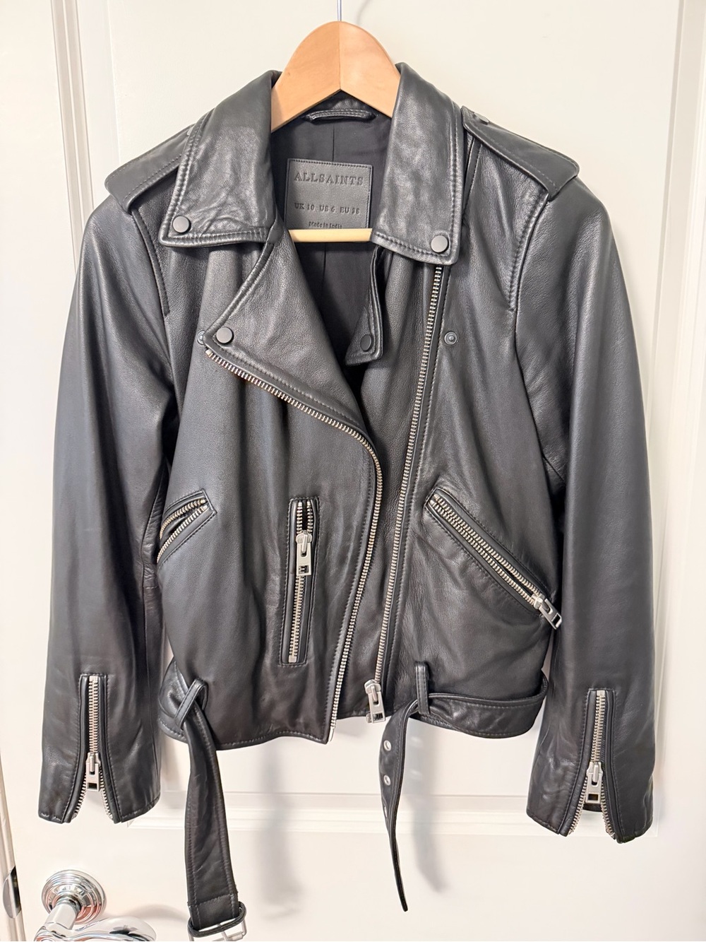 All Saints Black Leather Motorcycle Jacket with Belt